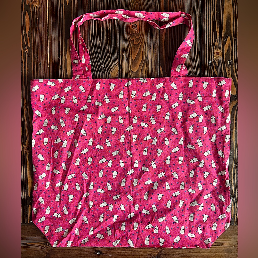 HOMEMADE • handcrafted sewn reusable bag tote pink milk fruit vegetable grocery